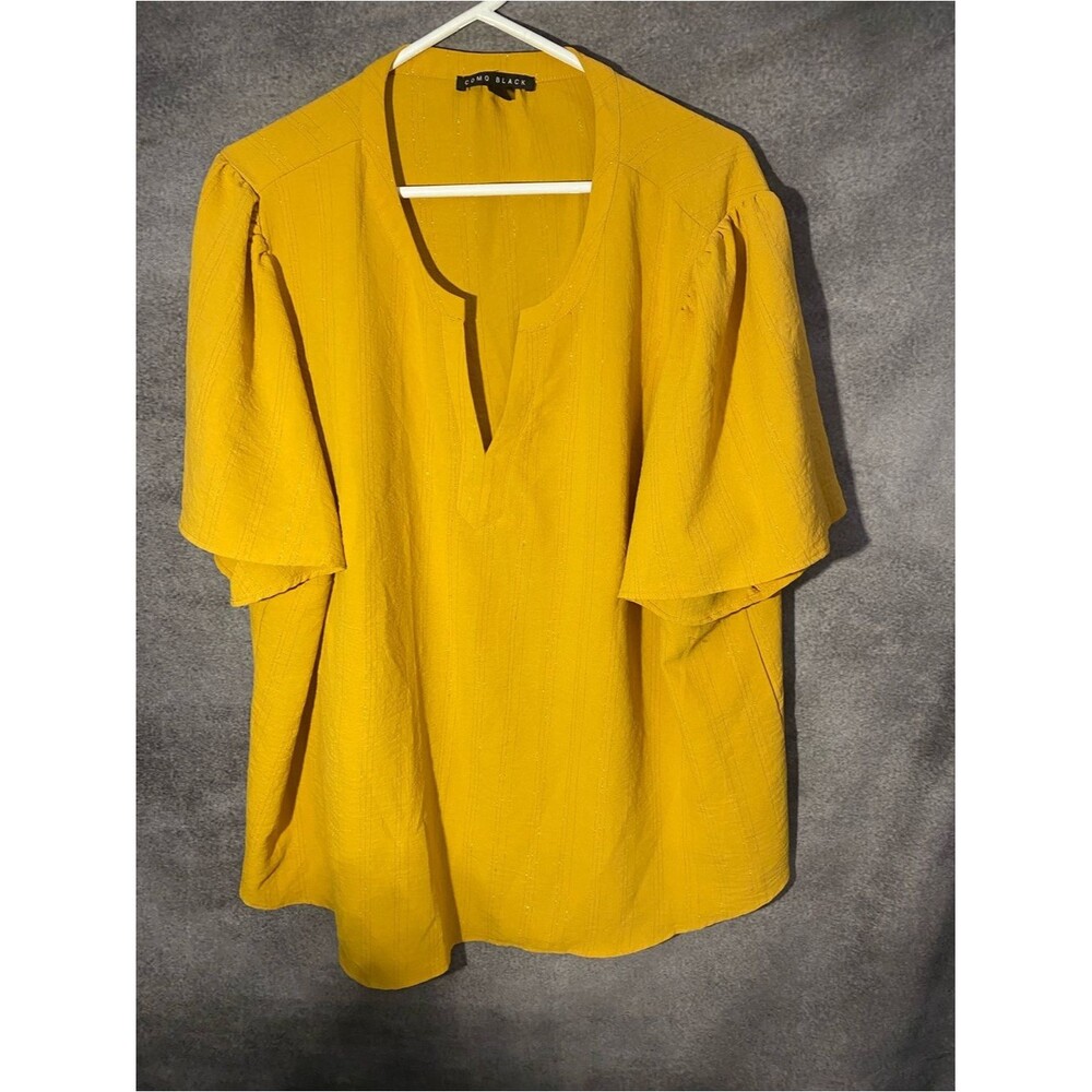 Como Black Blouse 3X Plus Size Yellow Gold Shimmer Metallic Stripe Split V-Neck